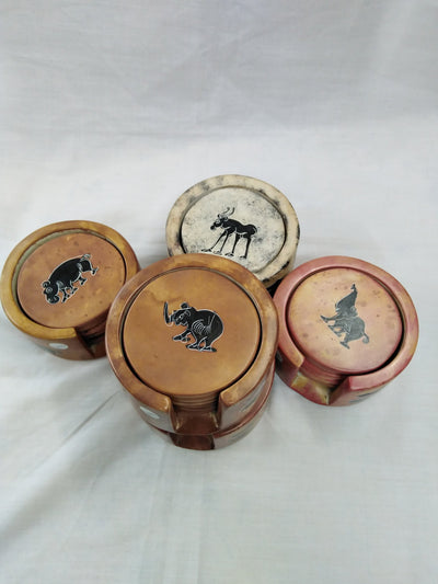 6 Soapstone Circle Coaster set with Holder. Drink Coasters. Engraved Coaster Set. Kenyan Flag Soapstone Coaster Set.Wildlife Lion Coasters.