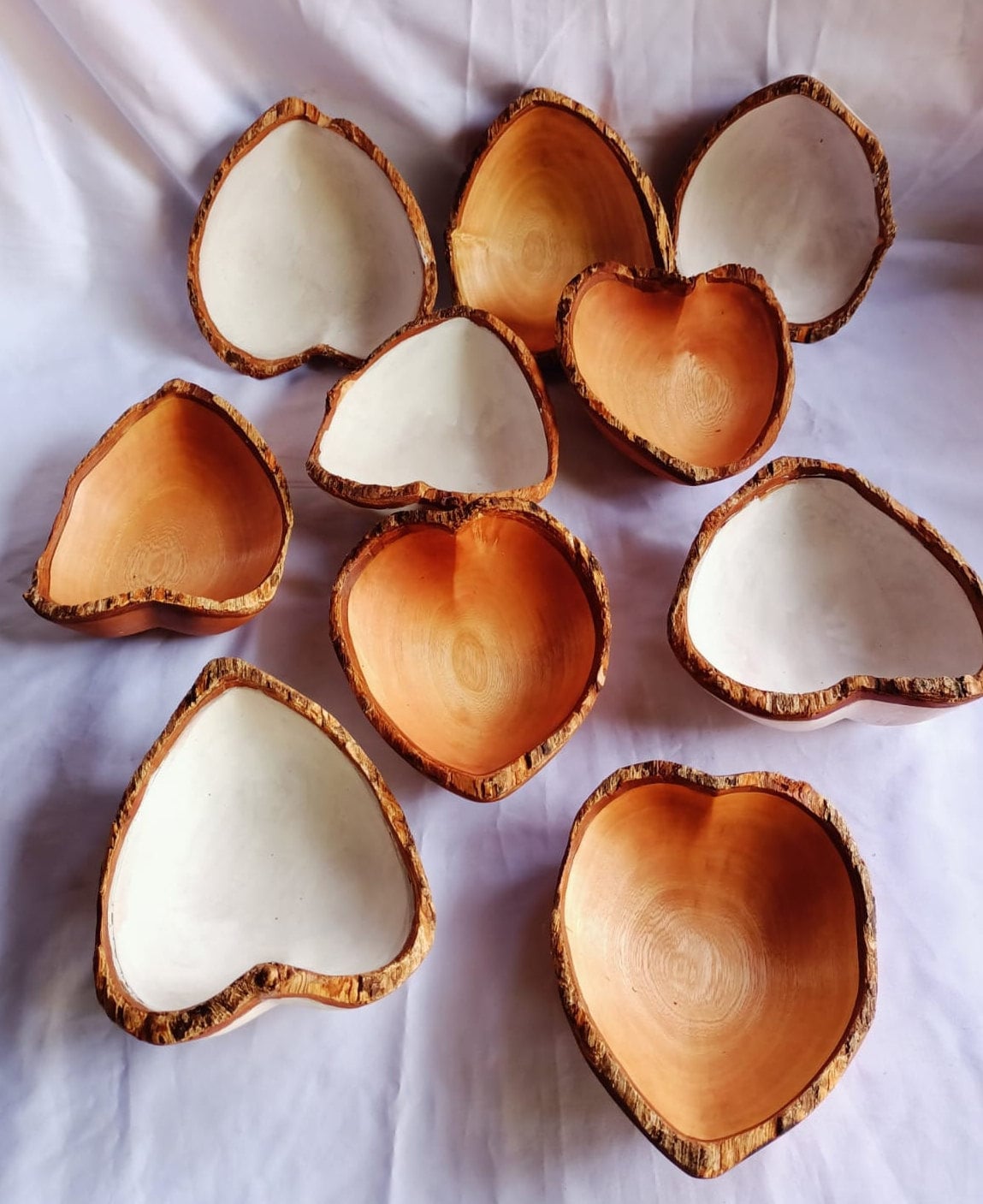 CLEARANCE SALE! Valentine Wholesale Beautiful Mix of Natural and White  Heart shaped Bowls with Bark set of 5. Candle pour. Decor items.