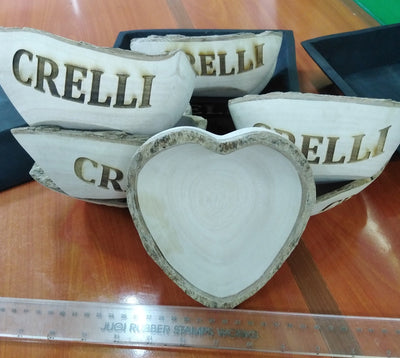 Wholesale Supply. Personalised Heart shaped stem Bark Bowls Natural set of 10.