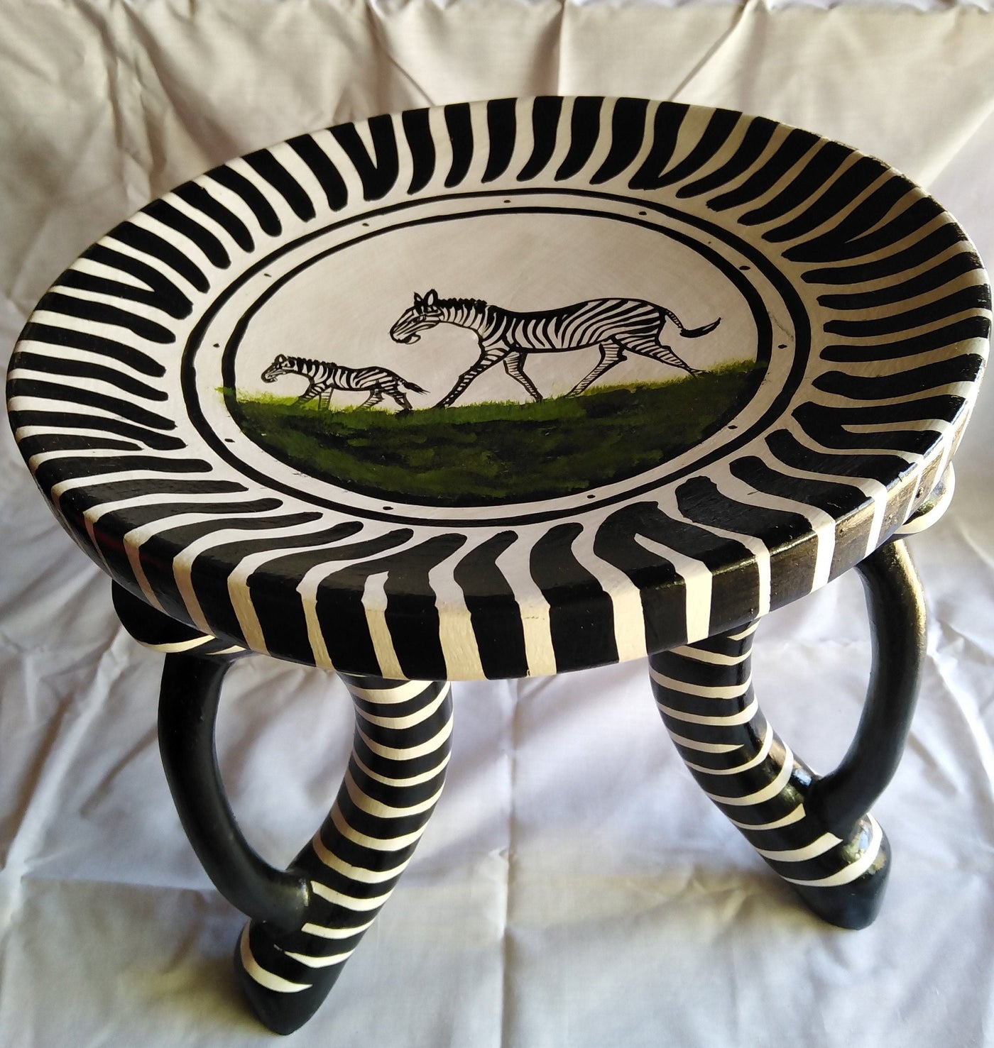 Authentic Beautifully Handcrafted African Personalised Zebra Themed Stool. Wooden wood Wildlife Stool. Three leg/Handle Home Decor Gift item