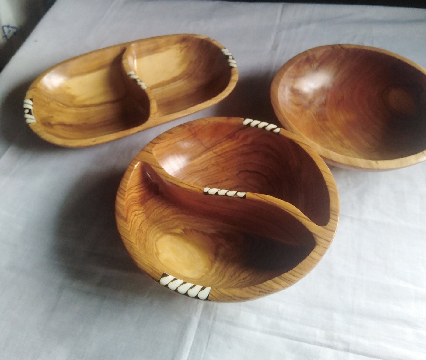 Wholesale.Handmade Olivewood and Borne inlay Split Bowls set of 3.Partitioned wood and Borne Candles Dough Display.Centerpiece Decor Bowls