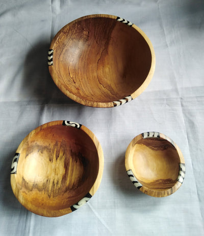 Olive Wood Wholesale Bowls with Inlaid Cow Bone. Artistic African set of 3 Bowls and free Matching wooden Cutlery. Salad/Serving/soup Bowl