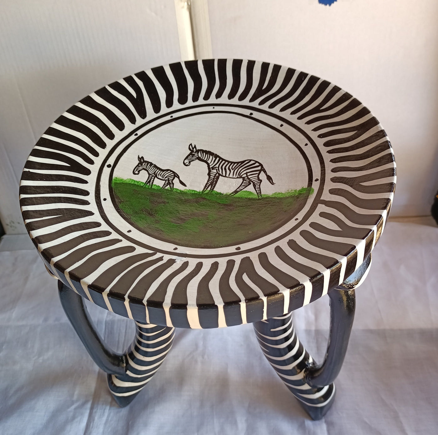Authentic Beautifully Handcrafted African Personalised Zebra Themed Stool. Wooden wood Wildlife Stool. Three leg/Handle Home Decor Gift item