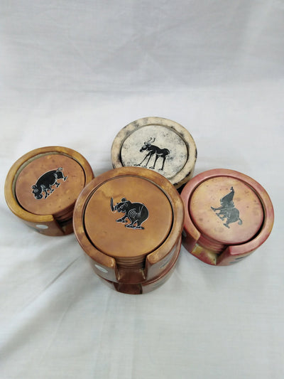 6 Soapstone Circle Coaster set with Holder. Drink Coasters. Engraved Coaster Set. Kenyan Flag Soapstone Coaster Set.Wildlife Lion Coasters.