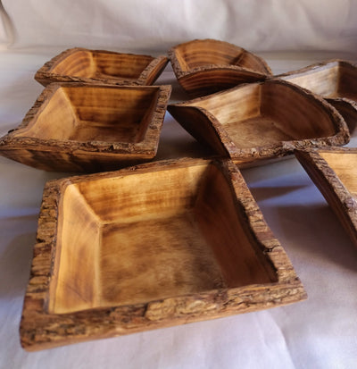 ON SALE !New Bowl Alert! Unique  Handmade 5" square wooden Petite Bowls With Bark set of 10.Wax Dough Bowls.Gift items.Farmhouse Decor