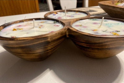 Wholesale Vintage Wooden Wood Display Dough Bowl Centerpiece. Three wick Rustic Candle Bowl.3 Dough Bowls in one .Multiple wick.Special Gift