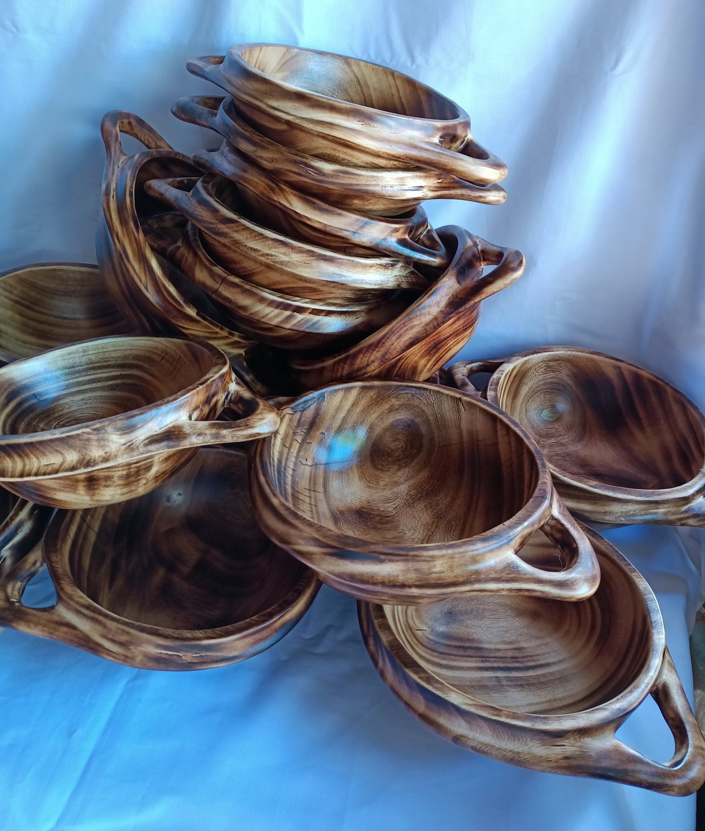 New .Double Handle Handmade wooden Ringed Rounded Dough Bowls set of 6.Farmhouse Decor stackable Customized Bowls.Free shipping worldwide.