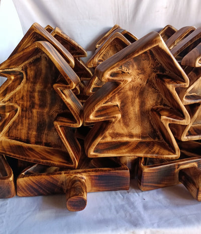 Bulk Sale!Medium Christmas Tree-Natural stained wood 10"long 1.5"Ht Hand carved Dough Bowls set of 5.DIY Candle making kit Decor season Bowl