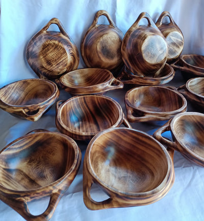 New .Double Handle Handmade wooden Ringed Rounded Dough Bowls set of 6.Farmhouse Decor stackable Customized Bowls.Free shipping worldwide.