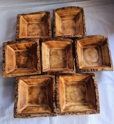 ON SALE !New Bowl Alert! Unique  Handmade 5" square wooden Petite Bowls With Bark set of 10.Wax Dough Bowls.Gift items.Farmhouse Decor