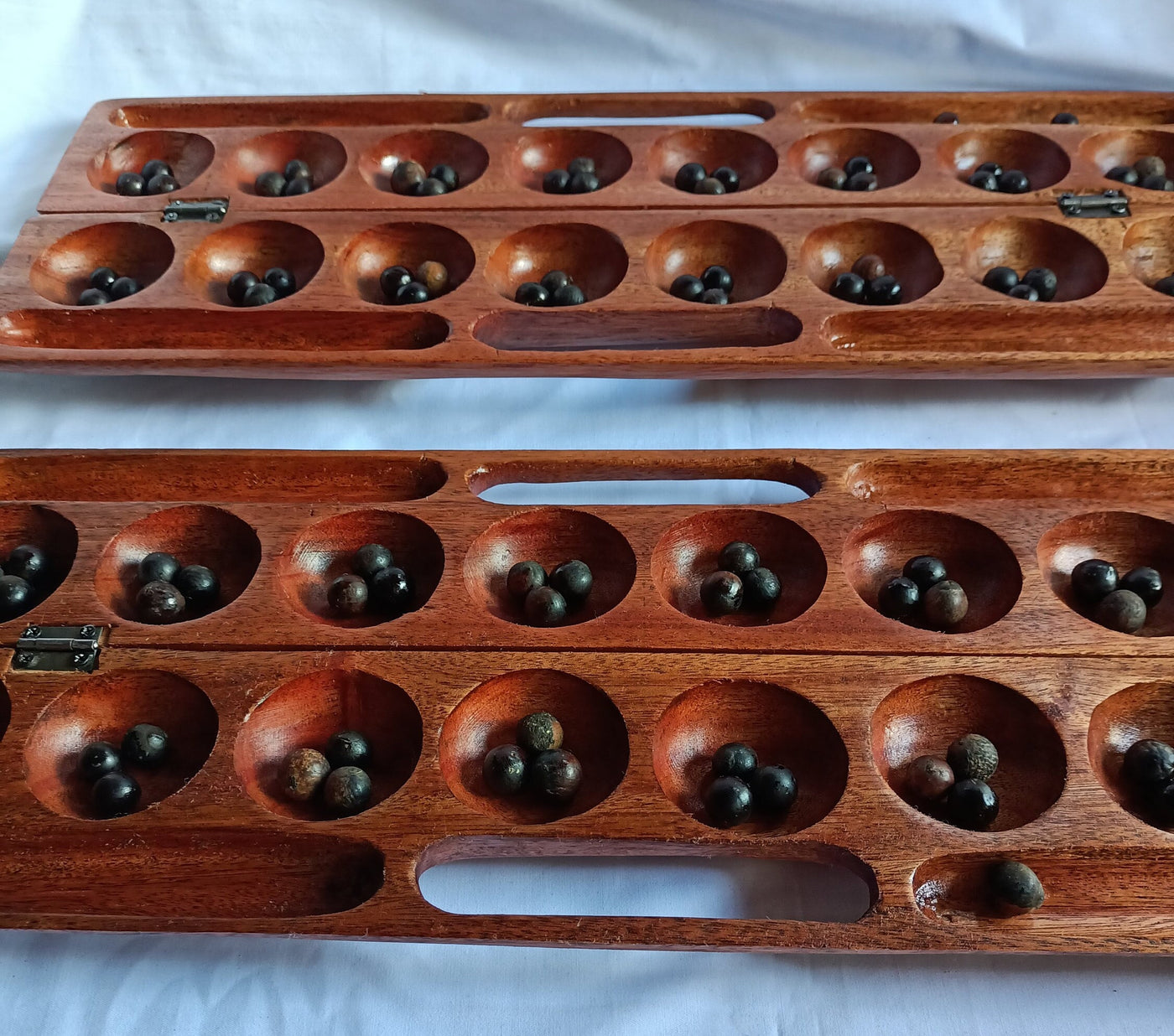 Handmade Mancala Board Game-Personalized.Dark-Brown  Hardwood BAO Game.Traditional Ajua Game.Hawalis Game of Oman.with Black Natural seeds