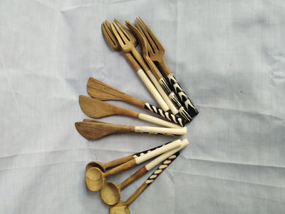 Wholesale Wood and inlaid Bone Cutlery set of 4 of 3 pieces each (12 pieces) . Wooden spreading knife. Handmade set of cutlery.