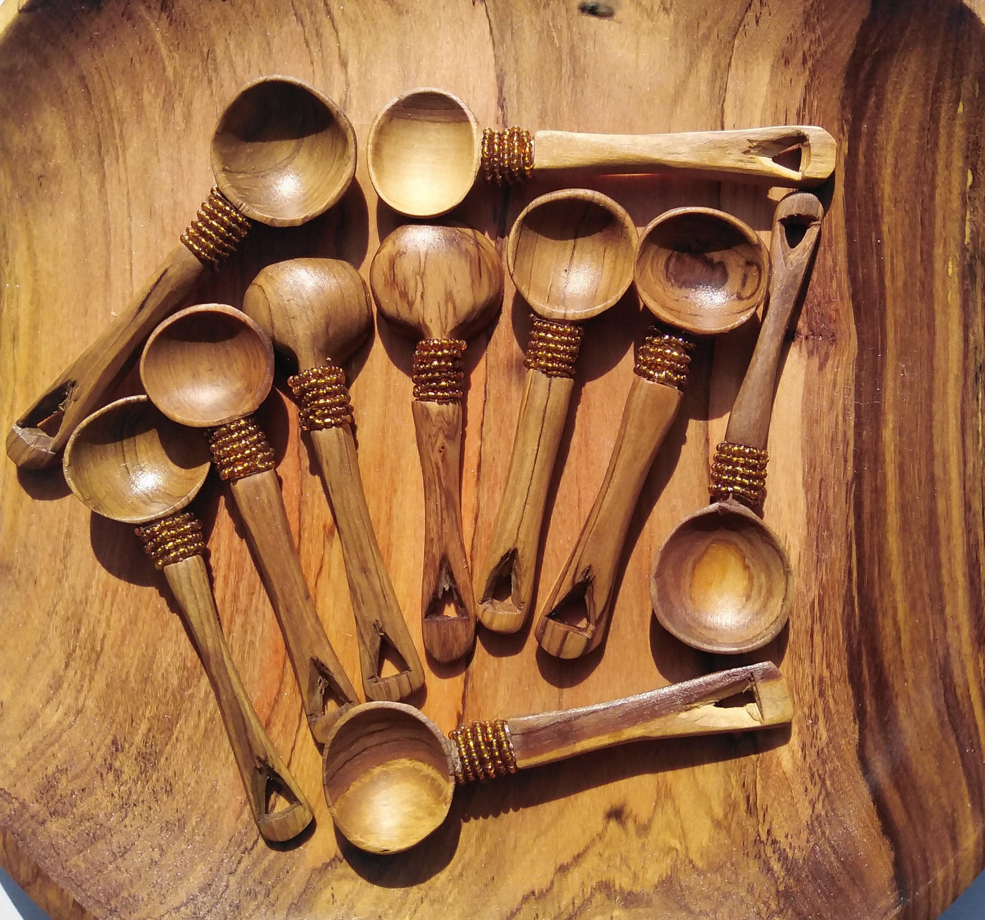 12 pieces of Olive wood with Brown Beads Spice, Salt and Sugar wooden spoons. A dozen Wood Condiments Spoons. Wholesale and Retail.