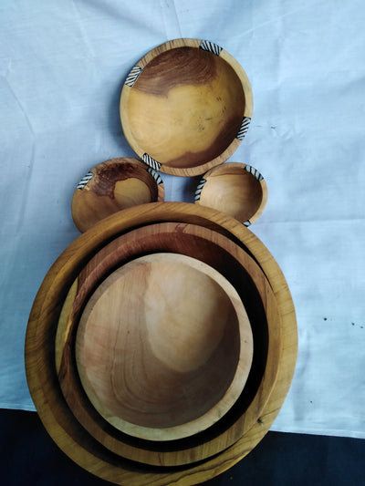 Wholesale Hand-carved Antique Large wooden Salad and Soup Bowl.Set of 3 Personalised inlaid Cow Bone Salad Serving Bowls and 2 Free spoons