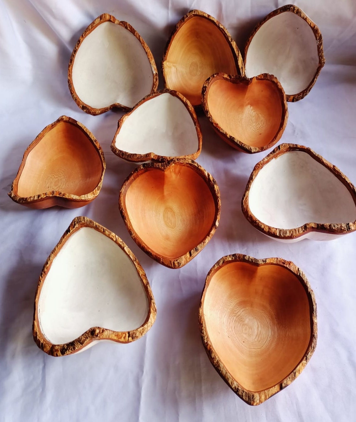 CLEARANCE SALE! Valentine Wholesale Beautiful Mix of Natural and White  Heart shaped Bowls with Bark set of 5. Candle pour. Decor items.