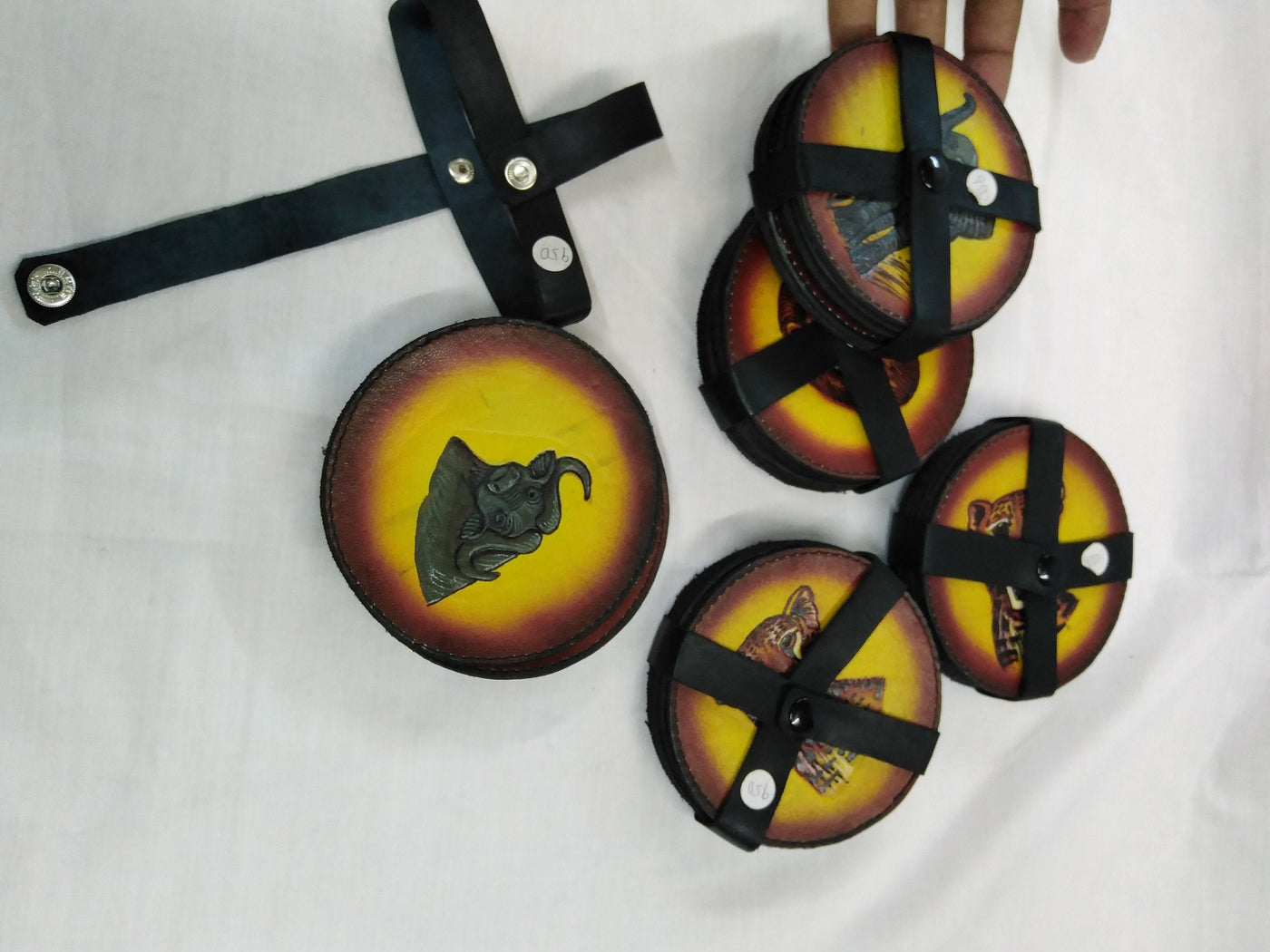 6 Leather Circle Coaster set with Leather Strap Holder. Drink Coasters. The Big Five wildlife Leather Coaster Set.Gift Coasters