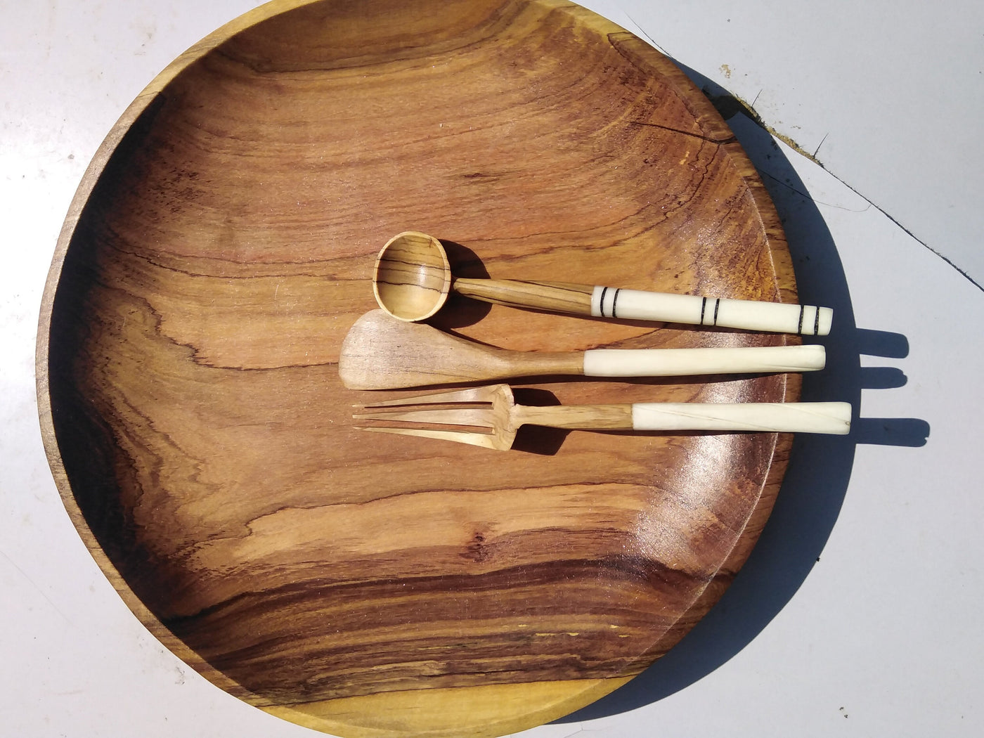 Olive wood and white Cow Bone Patterned with Wax and black Dye Cutlery Set of 3. Unique Cutlery Set of Folk, Spoon and Knife for Wholesale