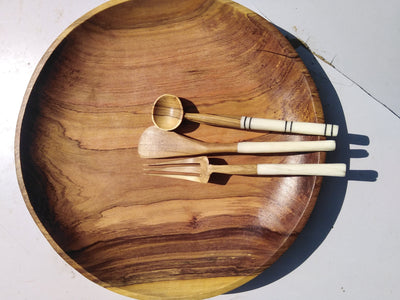Olive wood and white Cow Bone Patterned with Wax and black Dye Cutlery Set of 3. Unique Cutlery Set of Folk, Spoon and Knife for Wholesale