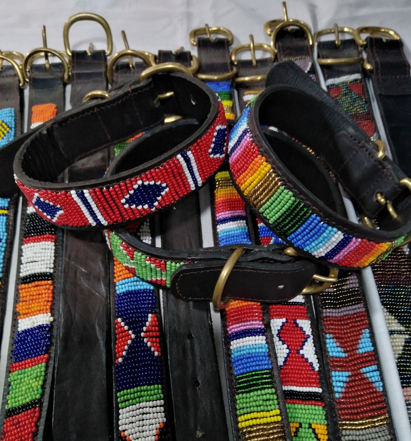 Wholesale African Inspired Personalised Leather Beaded Dog Collar set of 2 with Brass Metal Buckle. Cat Collar with Beautiful Beads. Gift