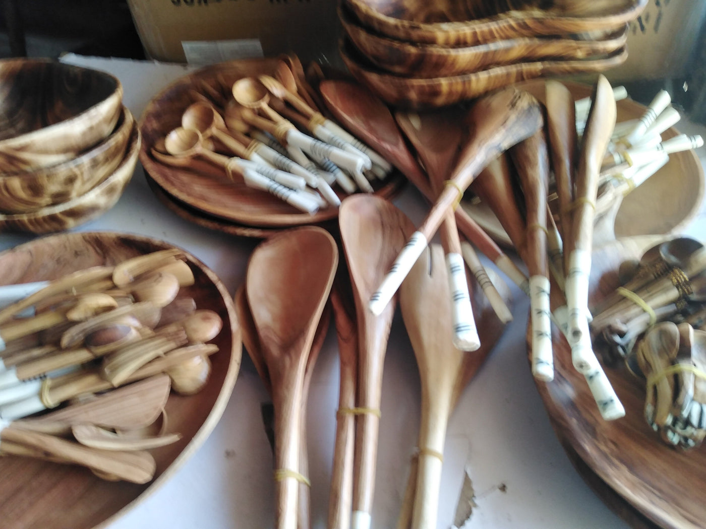 Olive wood and white Cow Bone Patterned with Wax and black Dye Cutlery Set of 3. Unique Cutlery Set of Folk, Spoon and Knife for Wholesale
