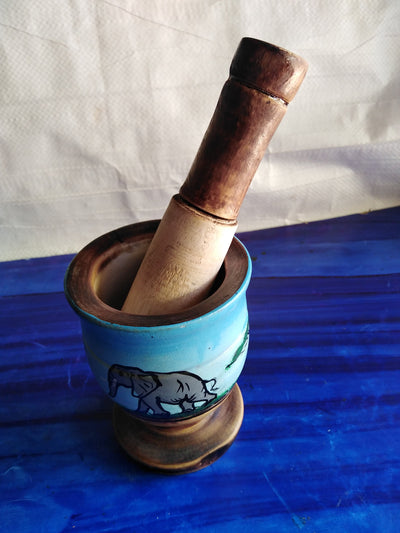 Wholesale Artistic Personalised and Painted Decorative Pestle and Mortar. Handmade African Solid wood  for Herbs and spices. Set of Four.