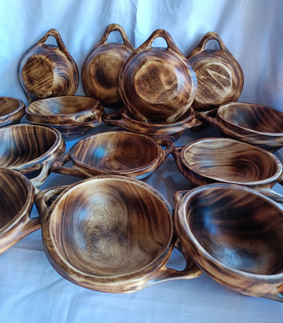 New .Double Handle Handmade wooden Ringed Rounded Dough Bowls set of 6.Farmhouse Decor stackable Customized Bowls.Free shipping worldwide.