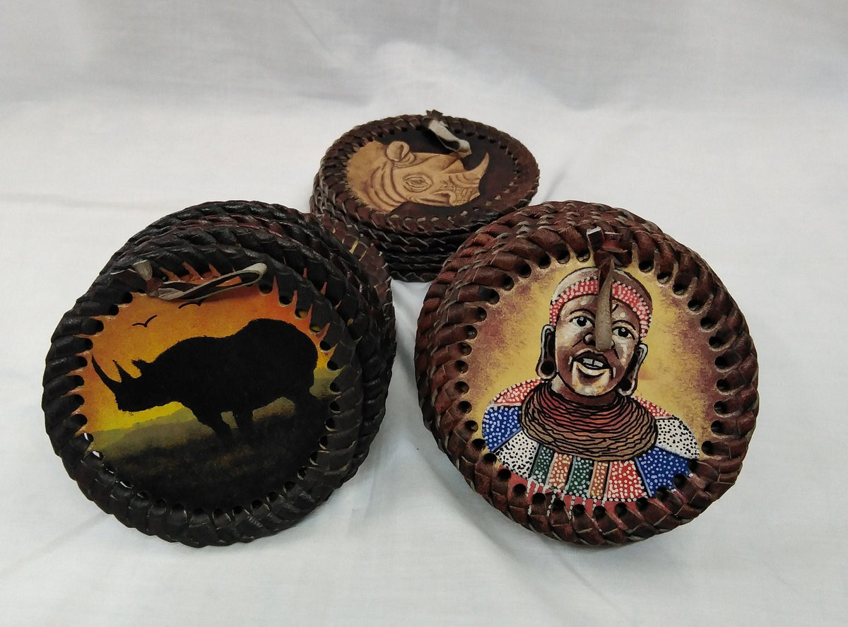 6 Leather Circle Coaster set with Holder. Drink Coasters. Engraved Coaster Set. The Big Five wildlife Leather Coaster Set.Gift Coasters