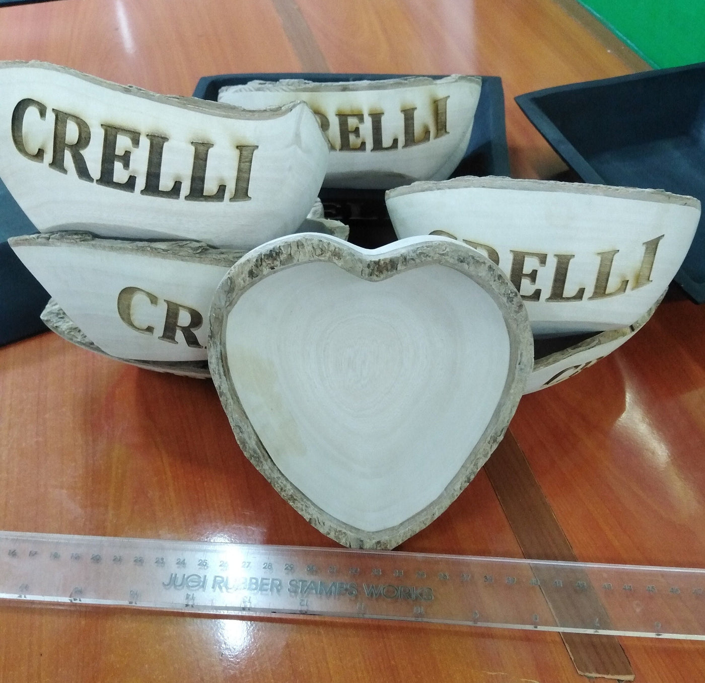 Wholesale Supply. Personalised Heart shaped stem Bark Bowls Natural set of 10.