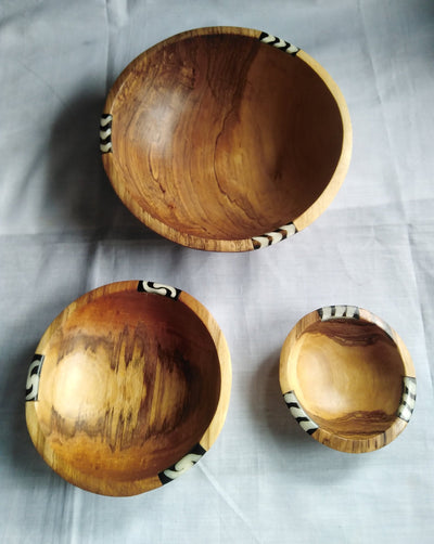 Olive Wood Wholesale Bowls with Inlaid Cow Bone. Artistic African set of 3 Bowls and free Matching wooden Cutlery. Salad/Serving/soup Bowl