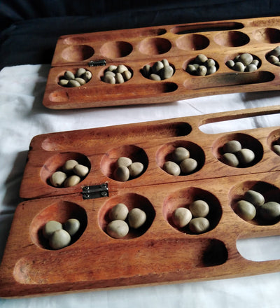 Antique Mancala Board Game. Vintage Bao Board Game. Traditional Bao Ajua Game.Hawalis Game of Oman. Omwes with Sago palm seed Balls/marbles