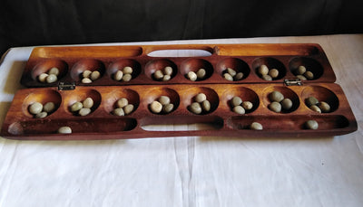 Handmade Mancala Board Game-Personalized.Dark Hardwood Bao Board Game.Traditional Ajua Game.Hawalis Game of Oman.with Sago palm seed/marbles