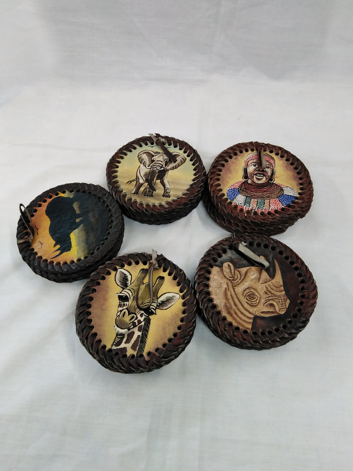6 Leather Circle Coaster set with Holder. Drink Coasters. Engraved Coaster Set. The Big Five wildlife Leather Coaster Set.Gift Coasters