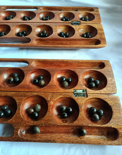Handmade Mancala Board Game-Personalized.Dark-Brown  Hardwood BAO Game.Traditional Ajua Game.Hawalis Game of Oman.with Black Natural seeds