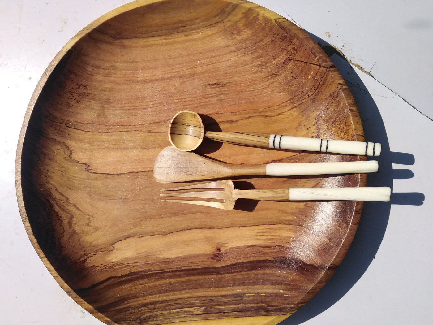 Olive wood and white Cow Bone Patterned with Wax and black Dye Cutlery Set of 3. Unique Cutlery Set of Folk, Spoon and Knife for Wholesale