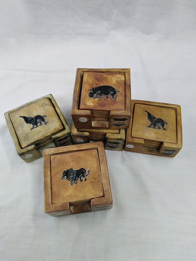 6 Soapstone Square  Coaster set with Holder. Drink Coasters. Engraved Coaster Set. Kenyan Flag Soapstone Coaster. Wildlife Animal Coasters.