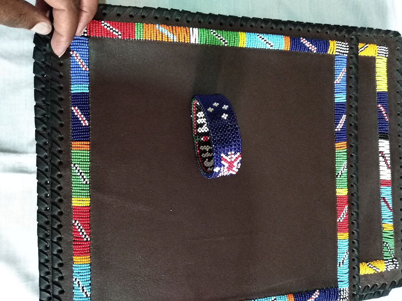 Unique Handmade Leather Beaded placematts set of 3 with a Free Random Gift. 3 Leather and Beads Table Matt's with a Free Personalised Gift.