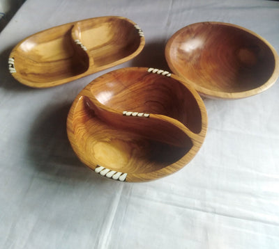 Wholesale.Handmade Olivewood and Borne inlay Split Bowls set of 3.Partitioned wood and Borne Candles Dough Display.Centerpiece Decor Bowls