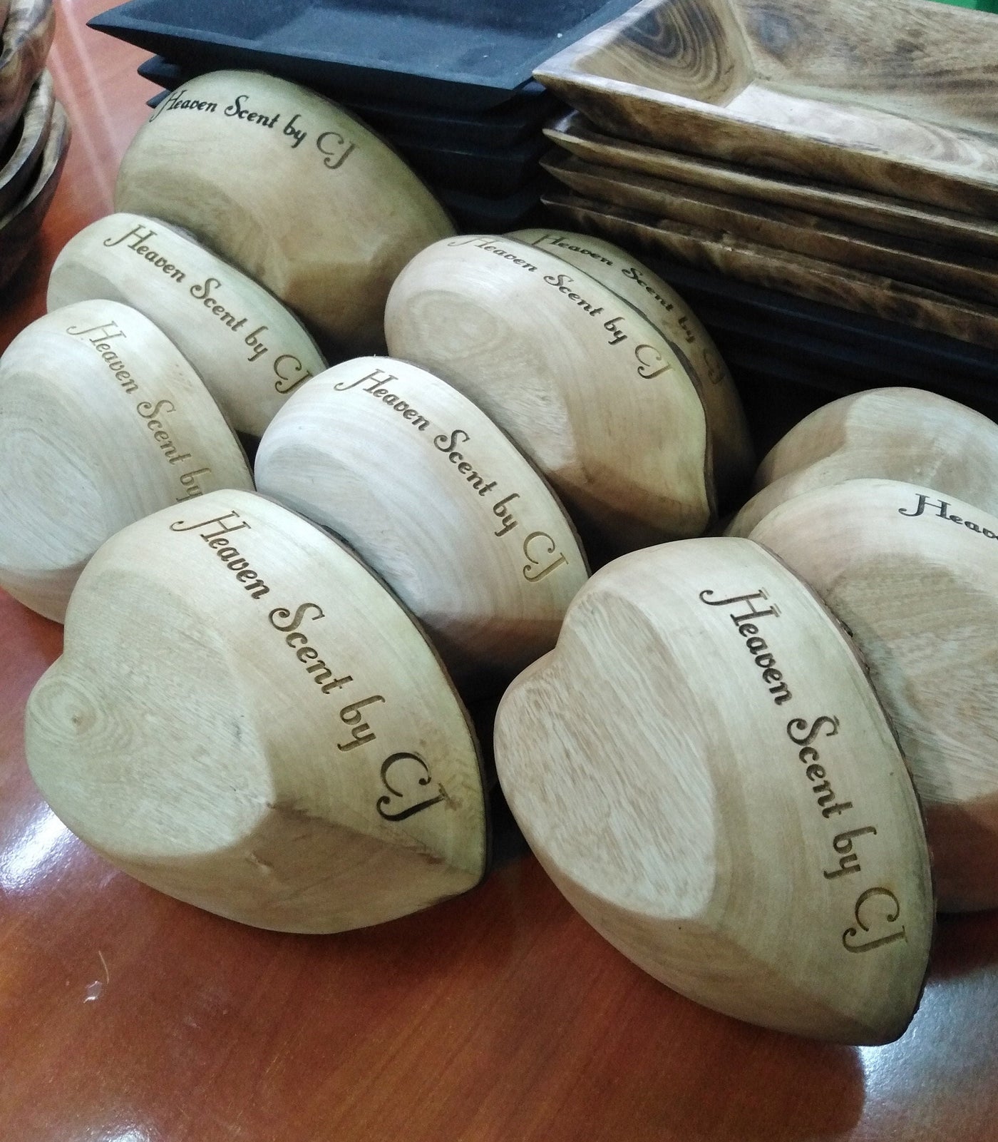 Wholesale Supply. Personalised Heart shaped stem Bark Bowls Natural set of 10.