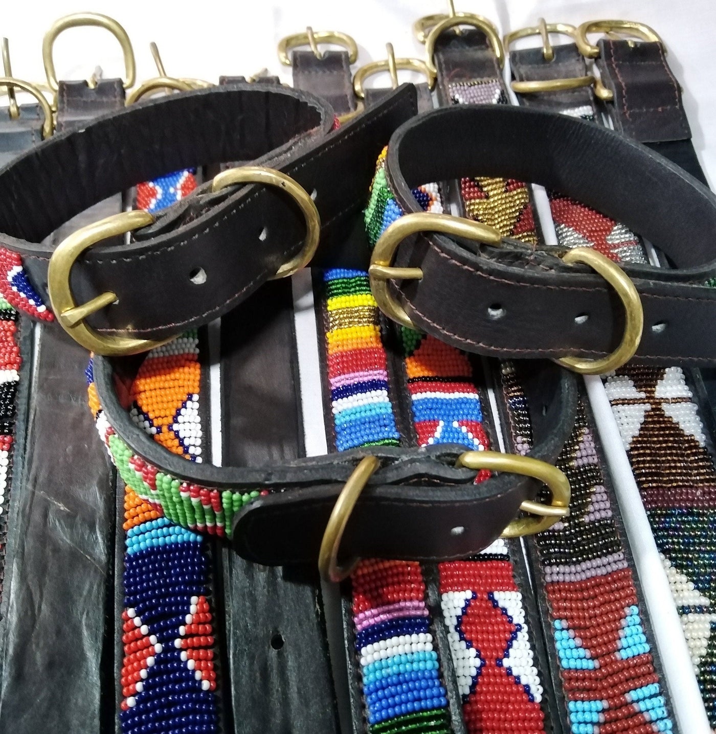 Wholesale African Inspired Personalised Leather Beaded Dog Collar set of 2 with Brass Metal Buckle. Cat Collar with Beautiful Beads. Gift