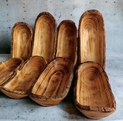 9-pack Handcarved Oblong wooden Dough Bowls with Barks. Unique 9x4x1.5" Bark edges Decor Bowls.Gift items.wholesale availability.wax vessels
