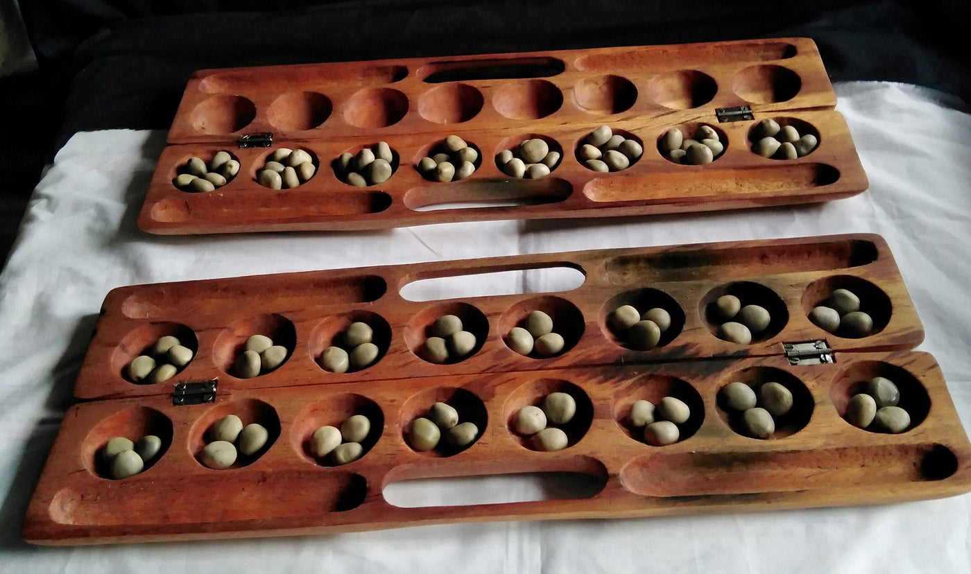 Laser engraved Mancala Board Game-Personalized.Inscribed Hardwood Bao Game. Traditional Ajua Game.Hawalis Game of Oman. with Sago palm seeds