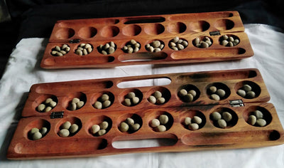 Laser engraved Mancala Board Game-Personalized.Inscribed Hardwood Bao Game. Traditional Ajua Game.Hawalis Game of Oman. with Sago palm seeds