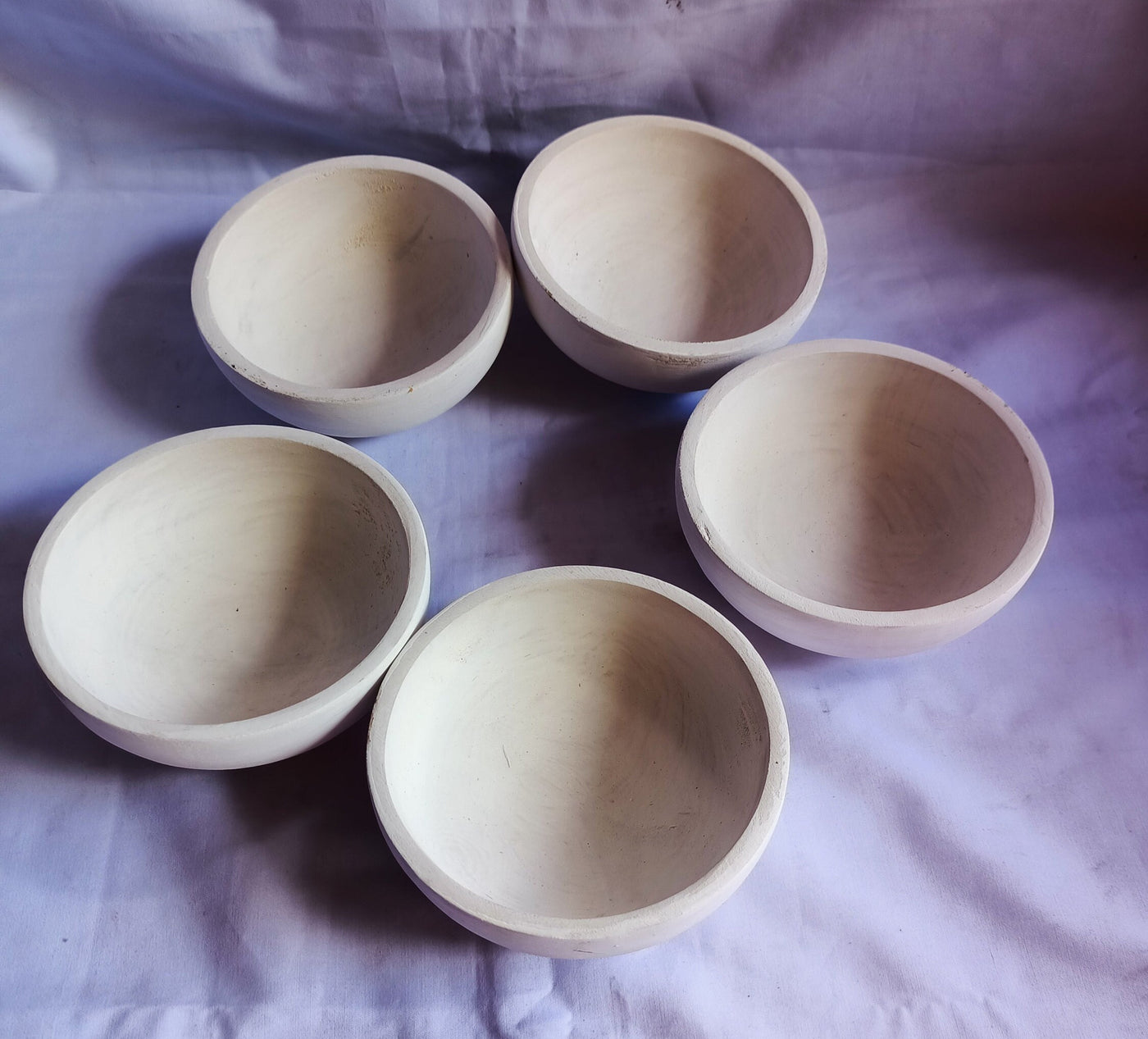 Bulk Supply.Lots of 10 perfect machine Cut,Unique Hand Finished Round wooden Bowls. 5" diameter 2.5"Ht white Dough Bowls.Little candle Gifts