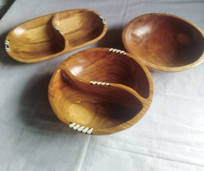 Wholesale.Handmade Olivewood and Borne inlay Split Bowls set of 3.Partitioned wood and Borne Candles Dough Display.Centerpiece Decor Bowls