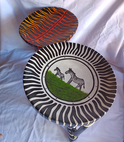 Two Gorgeous Hand carved Tiger and Zebra 3 legged Stools set of 2 with Handles. Modern maasai Wildlife Themed Stools. Bulk.The Senufo pair