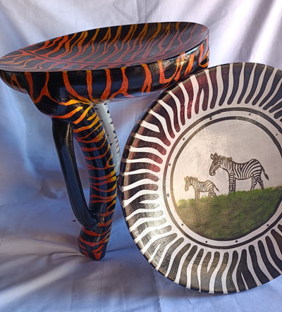 Two Gorgeous Hand carved Tiger and Zebra 3 legged Stools set of 2 with Handles. Modern maasai Wildlife Themed Stools. Bulk.The Senufo pair