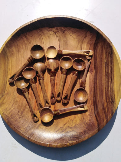 12 pieces of Olive wood with Brown Beads Spice, Salt and Sugar wooden spoons. A dozen Wood Condiments Spoons. Wholesale and Retail.