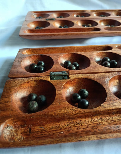 Handmade Mancala Board Game-Personalized.Dark-Brown  Hardwood BAO Game.Traditional Ajua Game.Hawalis Game of Oman.with Black Natural seeds