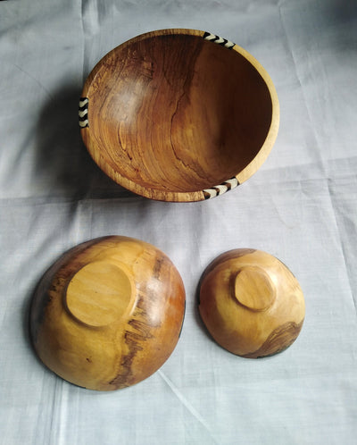 Olive Wood Wholesale Bowls with Inlaid Cow Bone. Artistic African set of 3 Bowls and free Matching wooden Cutlery. Salad/Serving/soup Bowl