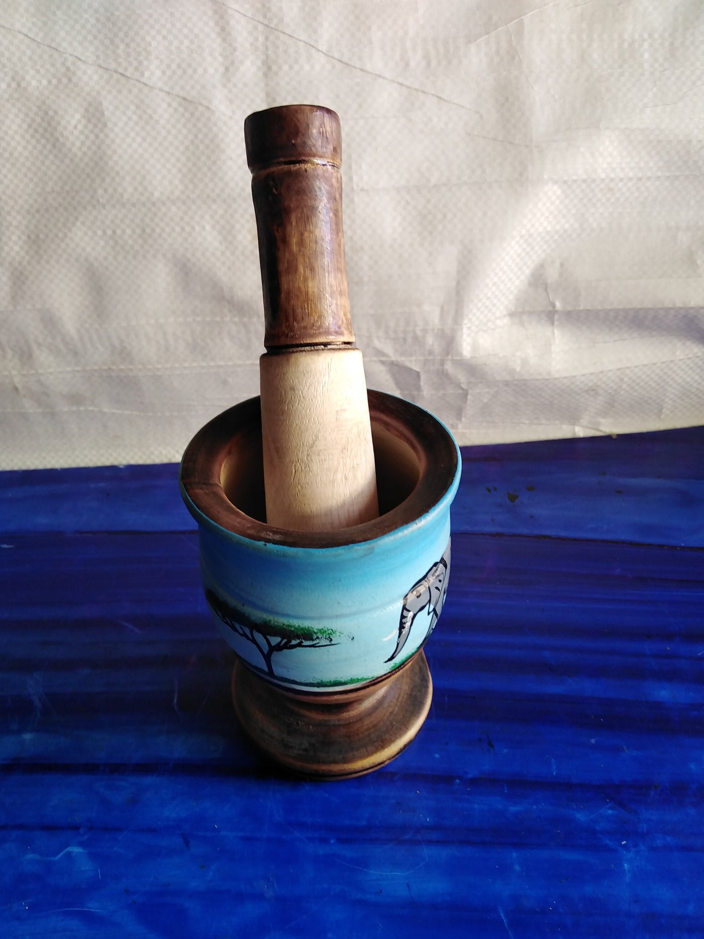 Wholesale Artistic Personalised and Painted Decorative Pestle and Mortar. Handmade African Solid wood  for Herbs and spices. Set of Four.